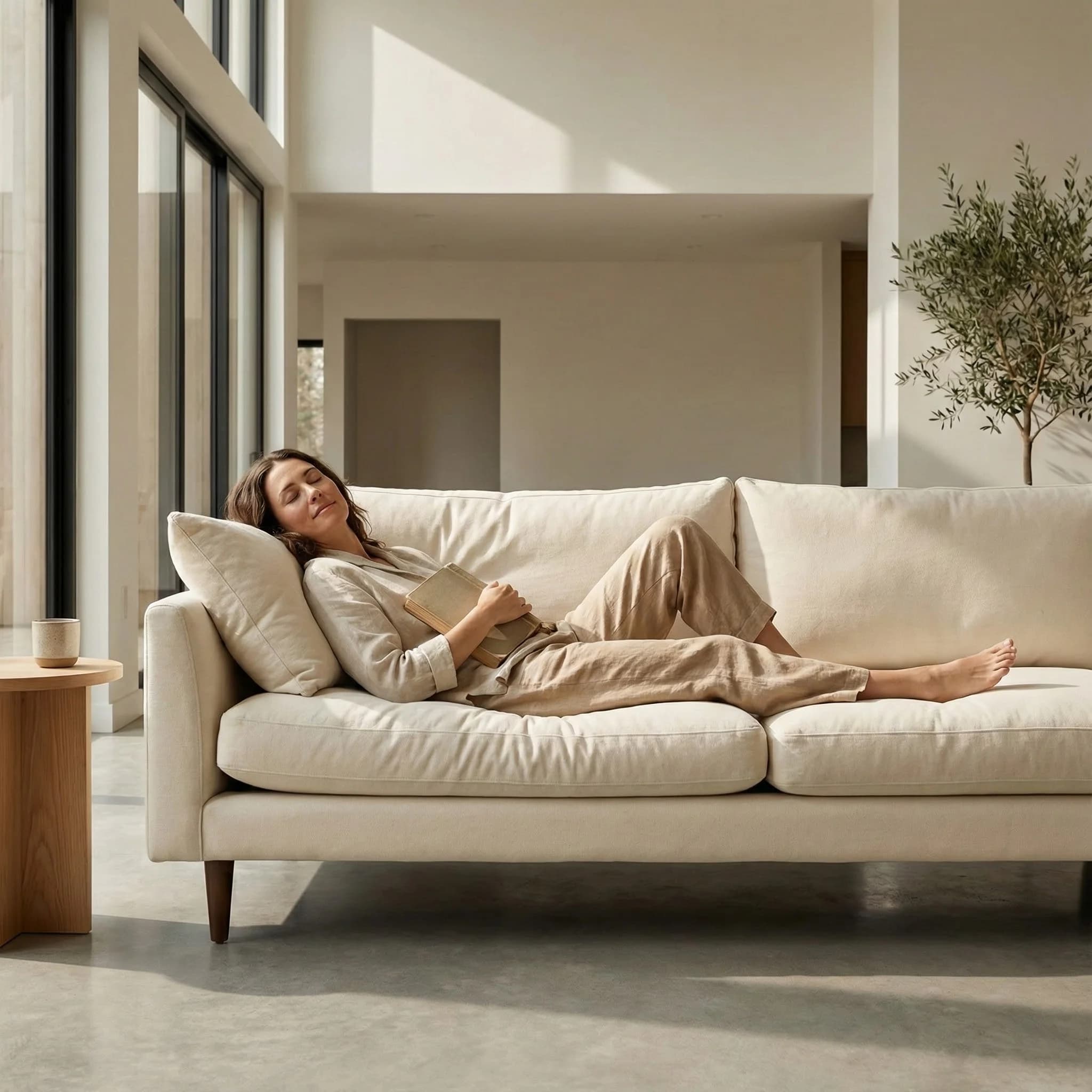 A softly upholstered Covelle sofa in natural light