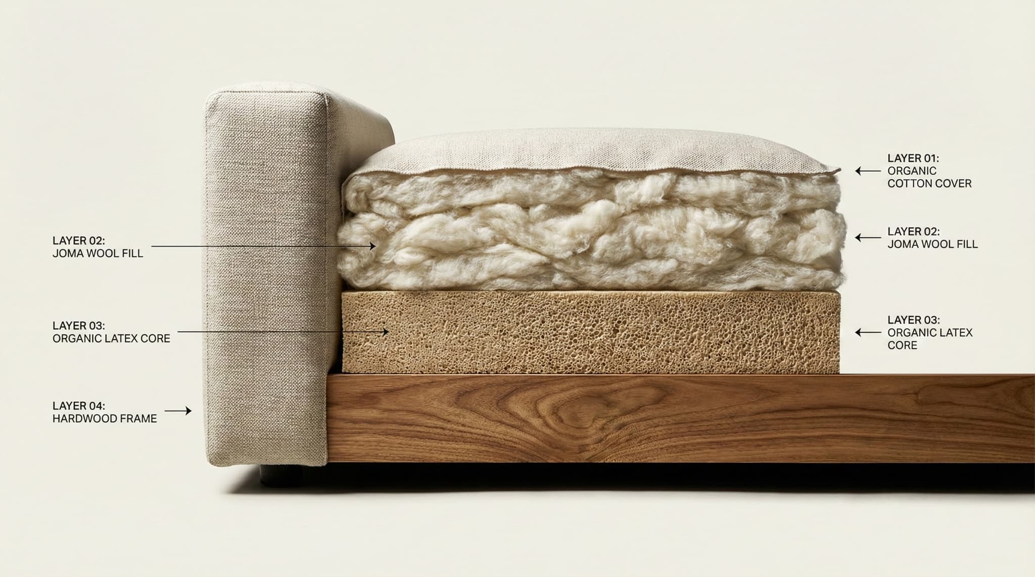 X-ray cross-section view of Covelle sofa showing organic cotton, wool, latex, and hardwood layers with detailed labels